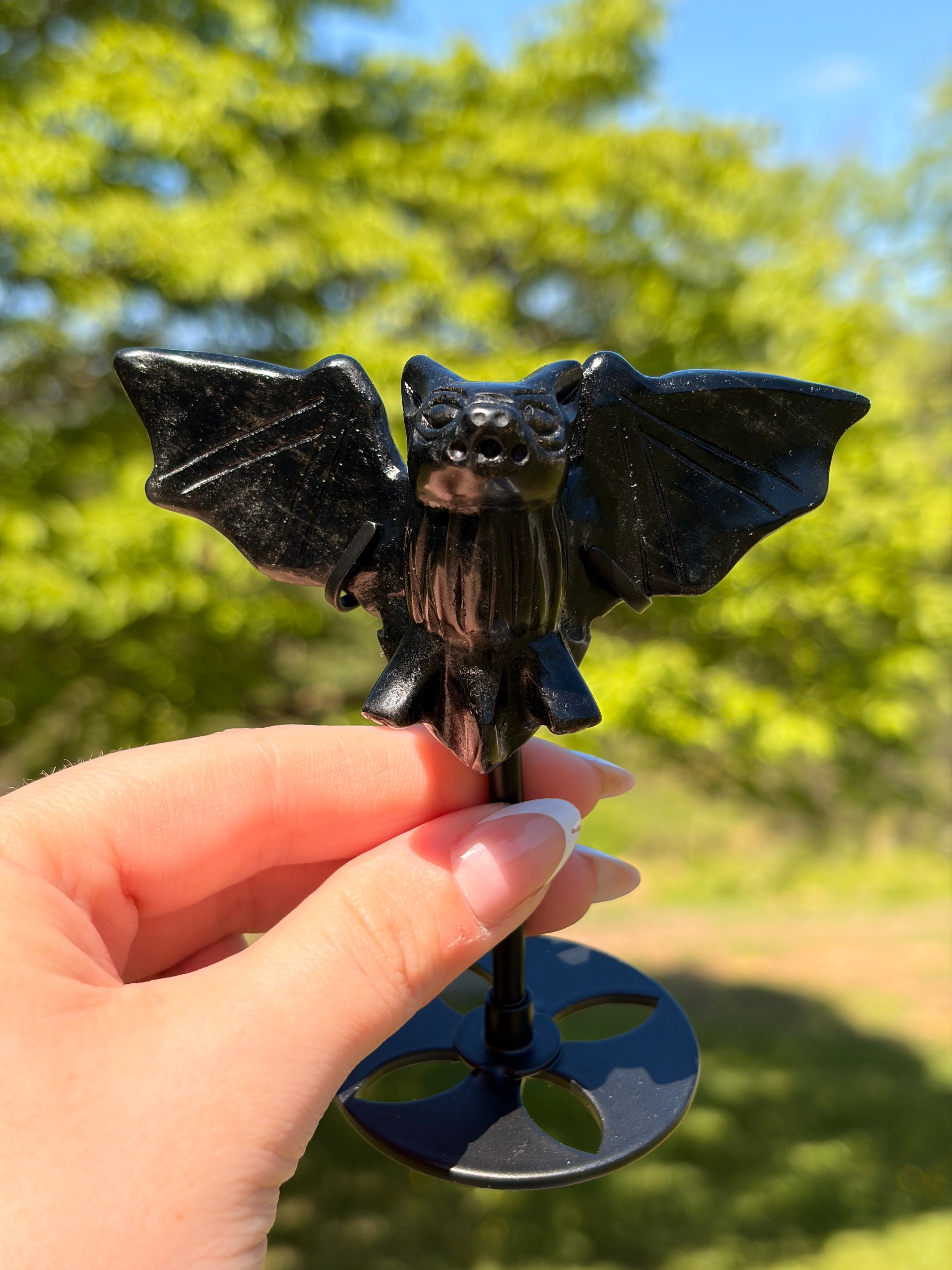 Black Obsidian Bat Carving on Stand