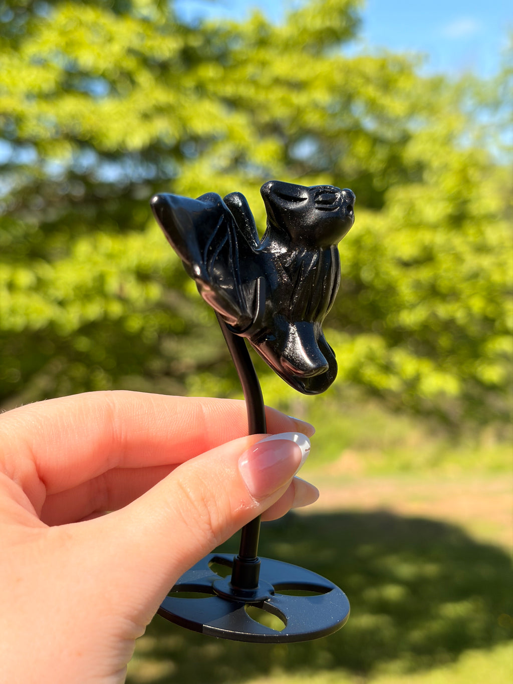 Black Obsidian Bat Carving on Stand