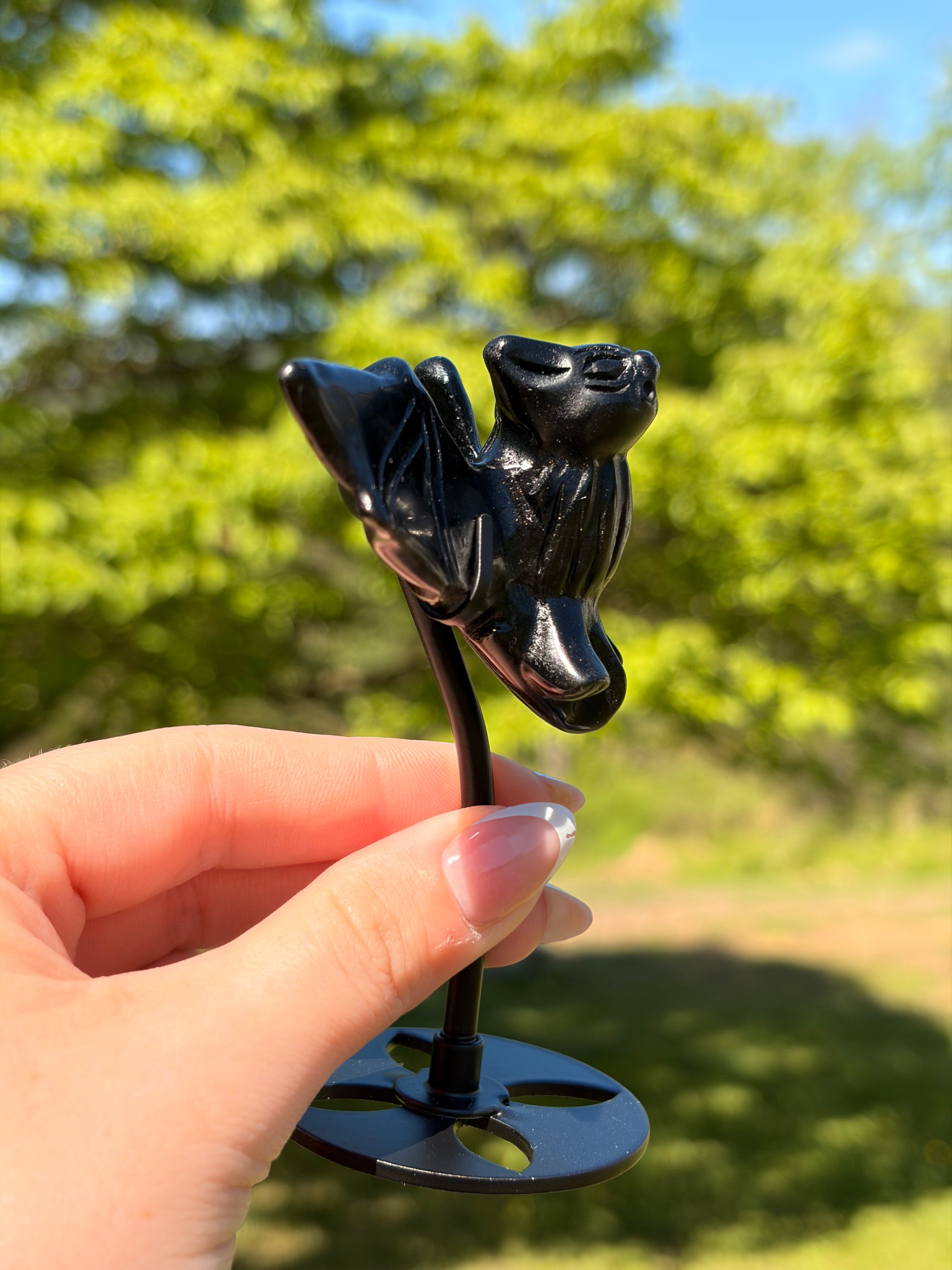 Black Obsidian Bat Carving on Stand