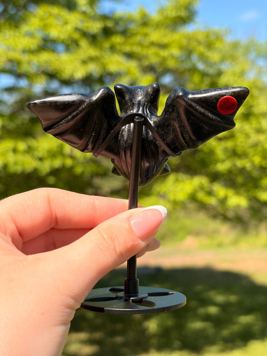 Black Obsidian Bat Carving on Stand