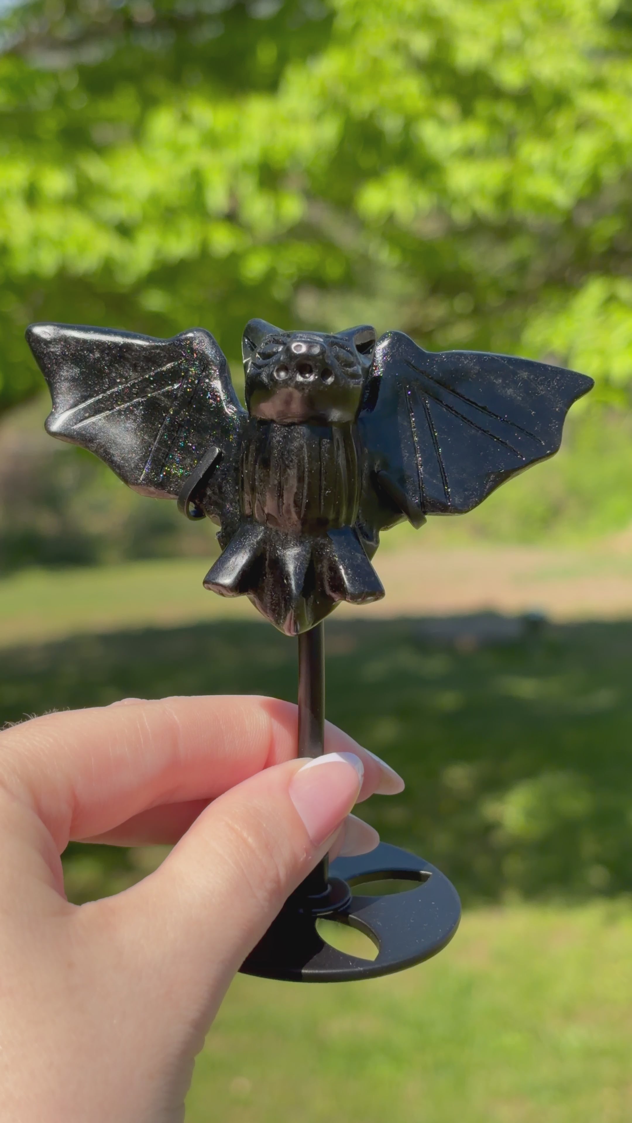 Black Obsidian Bat Carving on Stand